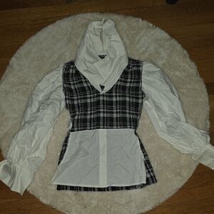 Black and White Plaid Blouse with Ruffled Collar